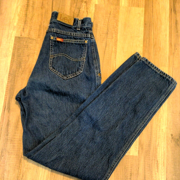 Vtg 90s Lee Medium Blue Jeans 11 High Waist Flat Front Tapered Leg Made in USA - Picture 1 of 7